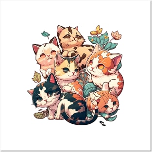 Cute Cat Family with Leaves and Flowers Posters and Art